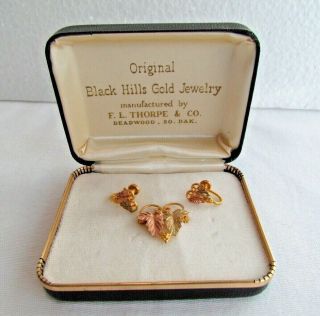 Vintage Black Hills Gold 10k Grape Leaf Pin & Screw Back Earrings By F L Thorpe