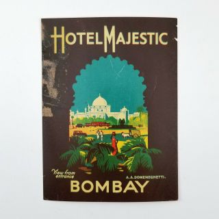 Vintage Hotel Majestic Bombay India Luggage Label