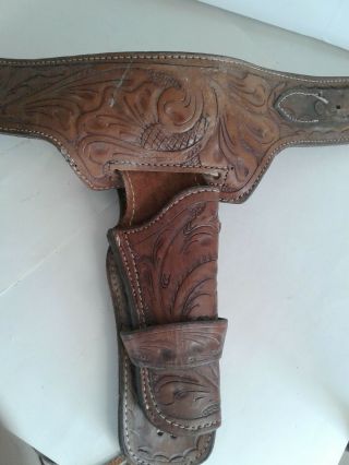 VINTAGE HAND TOOLED LEATHER WESTERN COWBOY HOLSTER WITH CARTRIDGE BELT 2