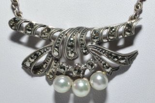 Vintage 835 Silver Marcasite Set Necklace With Faux Pearls