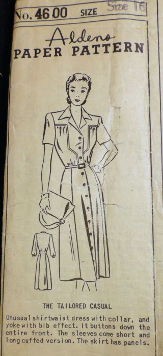 Vtg 1940s Mail Order Aldens 4600 Bib Shirtwaist Shirt Dress Sewing Pattern 16