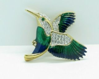 Vintage Signed A&s Enamel & Rhinestone Kingfisher Bird Pin Brooch