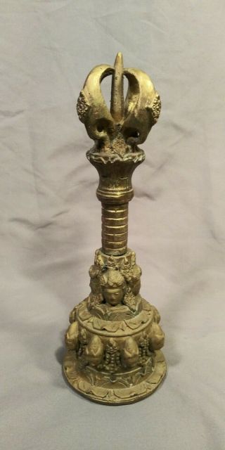 Vintage Large Hand Held Brass Bell With Buddha Type Faces 9.  5 "