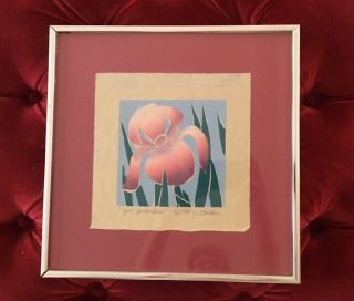 Signed Vintage Floral Print Pink Iris 1984 Jean Baldwin - No Frame,  Custom Mat