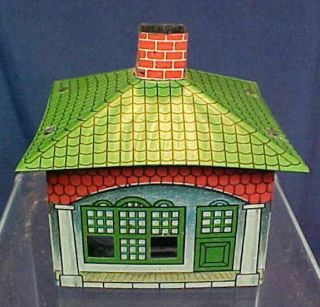 Vintage House Building With Chimney Tin Candy Container Glass Insert