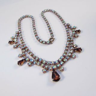 Vintage Mid - Century Ab Rhinestone & Dark Amber Glass Princess Necklace