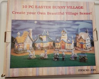 Vintage Easter Bunny Village Toy Shop Station House Church 10 Pc Set No Lights