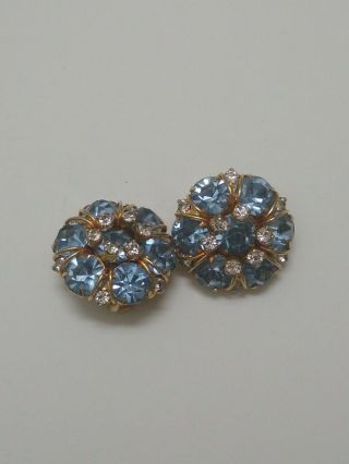 Vintage Hattie Carnegie Sapphire Blue Clear Rhinestone Gold Plate Clip Earrings