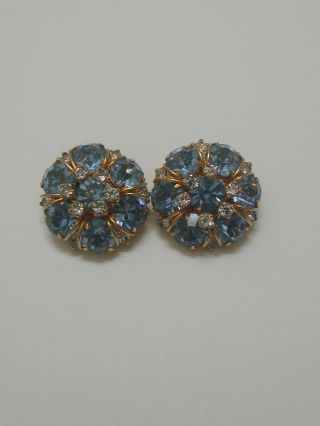 Vintage Hattie Carnegie Sapphire Blue Clear Rhinestone Gold Plate Clip Earrings 3