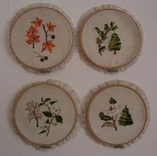 (4) Vintage 8 " Wood Embroidery Hoops With Embroidered Seasonal Trees/flowers