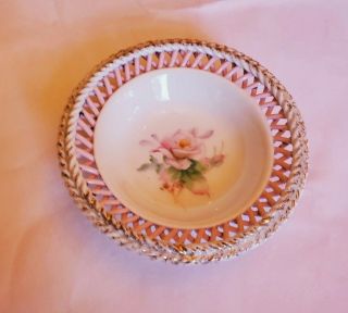 Vintage Takiro Reticulated Nut Dish Butter Pat Floral Rose White W Pink Lattice