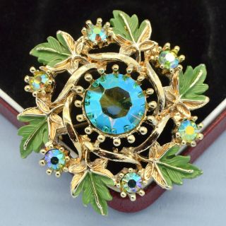 Vintage Brooch 1950s Green Enamel & Aurora Borealis Crystal Goldtone Jewellery