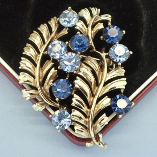 Vintage Brooch 1950s Shades Of Blue Crystal Goldtone Leaves Jewellery