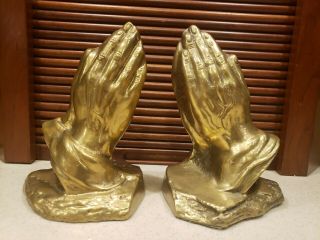 Vtg Pair Set Bronze Brass Mid Century Religious Bookends Praying Hands Jesus