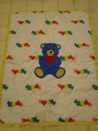 Vintage Baby Crib Blanket Quilt Blue Bear Rainbow Hearts Yellow Ruffle 44 " X 34 "