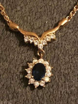 Vintage Roman Signed Gold Tone Blue And White Rhinestone Statement Necklace