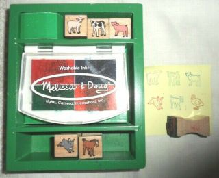 Vintage Wood Handled 6 Farm Animals Rubber Stamp Set.  75 " & Ink Pad