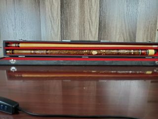 Pool Cue Stick 2 Pc Carved Wood Handle In Carrying Case Vintage Brass Connection