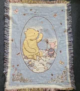 Vtg Disney Classic Winnie The Pooh Piglet Woven Tapestry Throw Blanket 46”x 34”