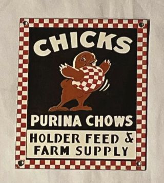 Vintage Chicks Purina Chow Porcelain Sign Car Truck Oil Gas Gasoline Automotive