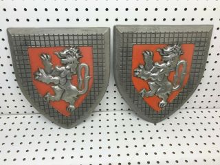 2 Vintage 1966 Mid Century Metal Coat Of Arms Wall Plaque Decor Scovill Medieval