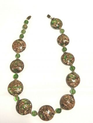 Vintage Venetian Green/gold Foiled Murano Glass Style Necklace