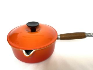 Vintage Le Creuset 18 Flame Orange Saucepan W/ Spout Wood Handle & Lid Vgc