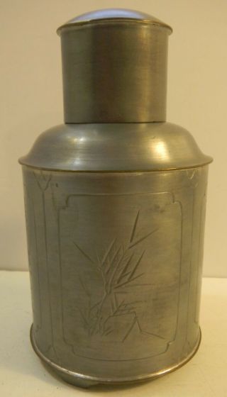 Antique Chinese Export Pewter Tea Caddy Vintage Asian Old China Hong Kong 6.  5 "