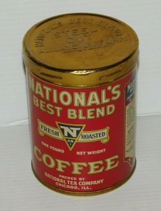Vintage 1940s Nationals Best Blend 1 Pound Steel Cut Coffee Can