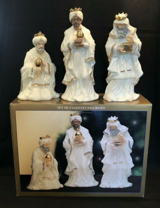 Bon Ton Jade Porcelain Nativity Figurines 3 Wise Men Vintage Set Gold Accent Euc