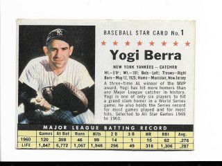 Vintage 1961 Post Cereal Baseball Card York Yankees 1 Yogi Berra Hof
