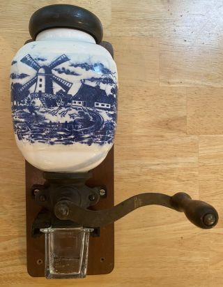 Vintage Blue Delft Style Porcelain Coffee Grinder Mill - Windmill W/hand Crank