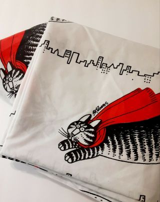 Vintage B Kilban Flying Cat Hero Cape Full Sheet Set W/ Pillowcases City
