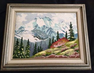 Exquisite Vintage Needlework - Mountain Scene - 1982 - 17x21 " Framed Euc Lovely