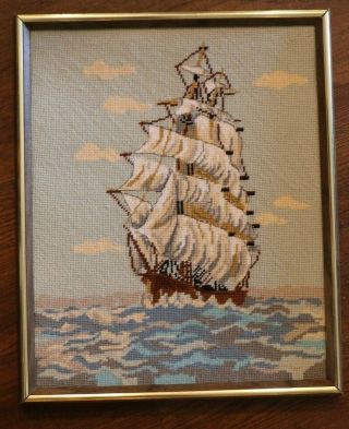 Vtg Nautical Ship Boat Needle Work Needlepoint Framed Art 17 " X 15 "