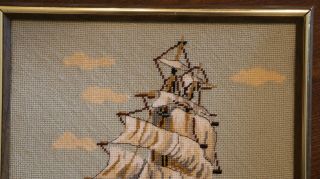 VTG Nautical Ship Boat Needle Work Needlepoint Framed Art 17 