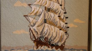 VTG Nautical Ship Boat Needle Work Needlepoint Framed Art 17 