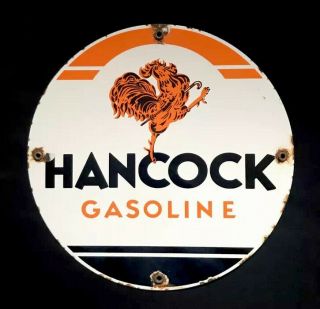 Vintage 1950’s Hancock Rooster 12”porcelain Sign Car Auto Truck Road Gasoline