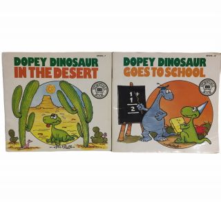 2x Dopey Dinosaur Mini Books - Goes To School - In The Desert - Vintage 1980 