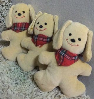 3 Cute Vintage Plush Stuffed 4 " Floppy Ear Puppy Dog Ornaments (hallmark?)