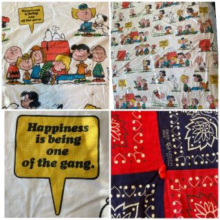Vintage Peanuts Gang Charlie Brown Tie Quilt Quilted Blanket Bed Spread 83”x57”