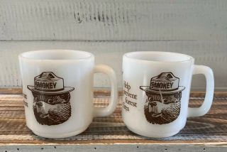 Pair 2 Vintage Smokey The Bear Coffee Mug Prevent Forest Fires Milk Glass