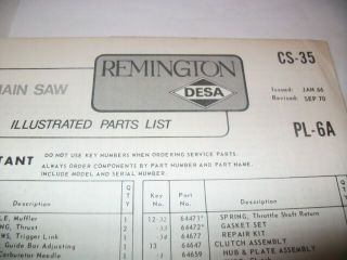 Remington Pl - 6a Chainsaw Orig Illustrated Parts List,  Vintage Chainsaw