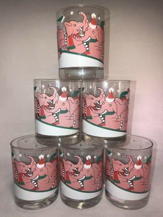 Vintage Barware Neiman Marcus Sledding Pink Elephant Christmas Low Ball Glasses