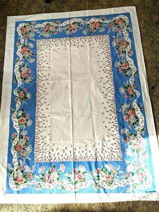 Simtex 1940 - 50’s Vintage Tablecloth Textured Printed Floral Blue Pink Green Gray