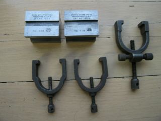Vintage Brown & Sharpe Nos 458 498 Machinist Work Holding V Blocks With 3 Clamps