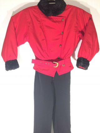 Vintage Nils Skiwear Suit Stirrups Full Body Ski Suit Red Black Fur Collar Sz 10