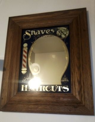Vintage Wood Framed Hensley Co.  Shaves And Haircuts Barber Advertisement Mirror