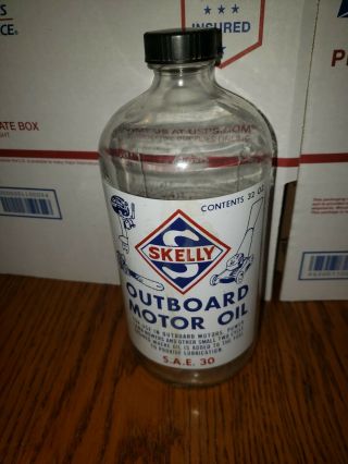 Vintage Skelly Outboard Motor Oil Quart Acl Glass Jar Sae 30 Sunoco Mobil