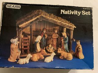 Vintage Sears Porcelain 11 Piece Nativity Set Hand - Painted With Stable 3297889